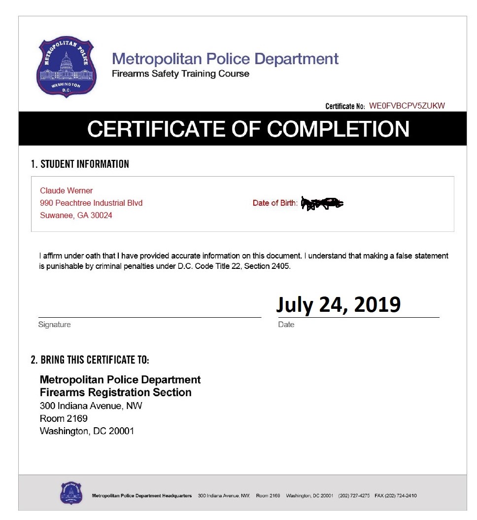 MPD Firearms Safety Course completion CW redacted